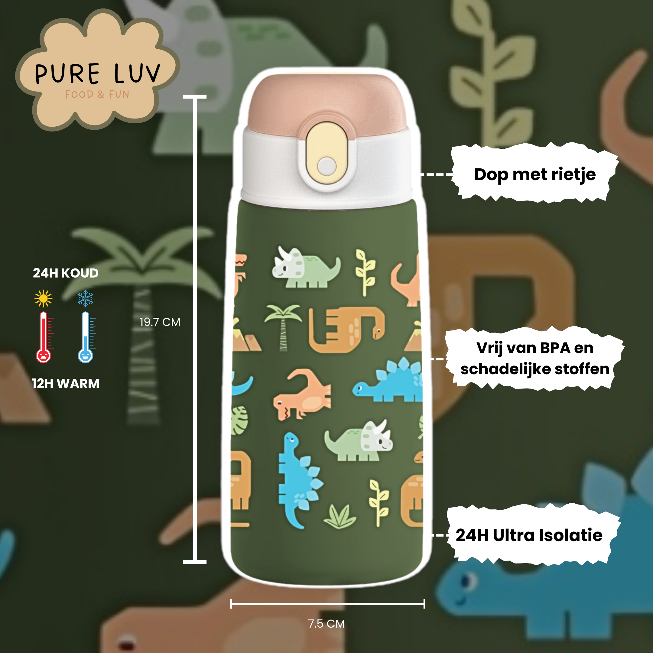 DinoSip - RVS Drinkfles voor kinderen met rietje