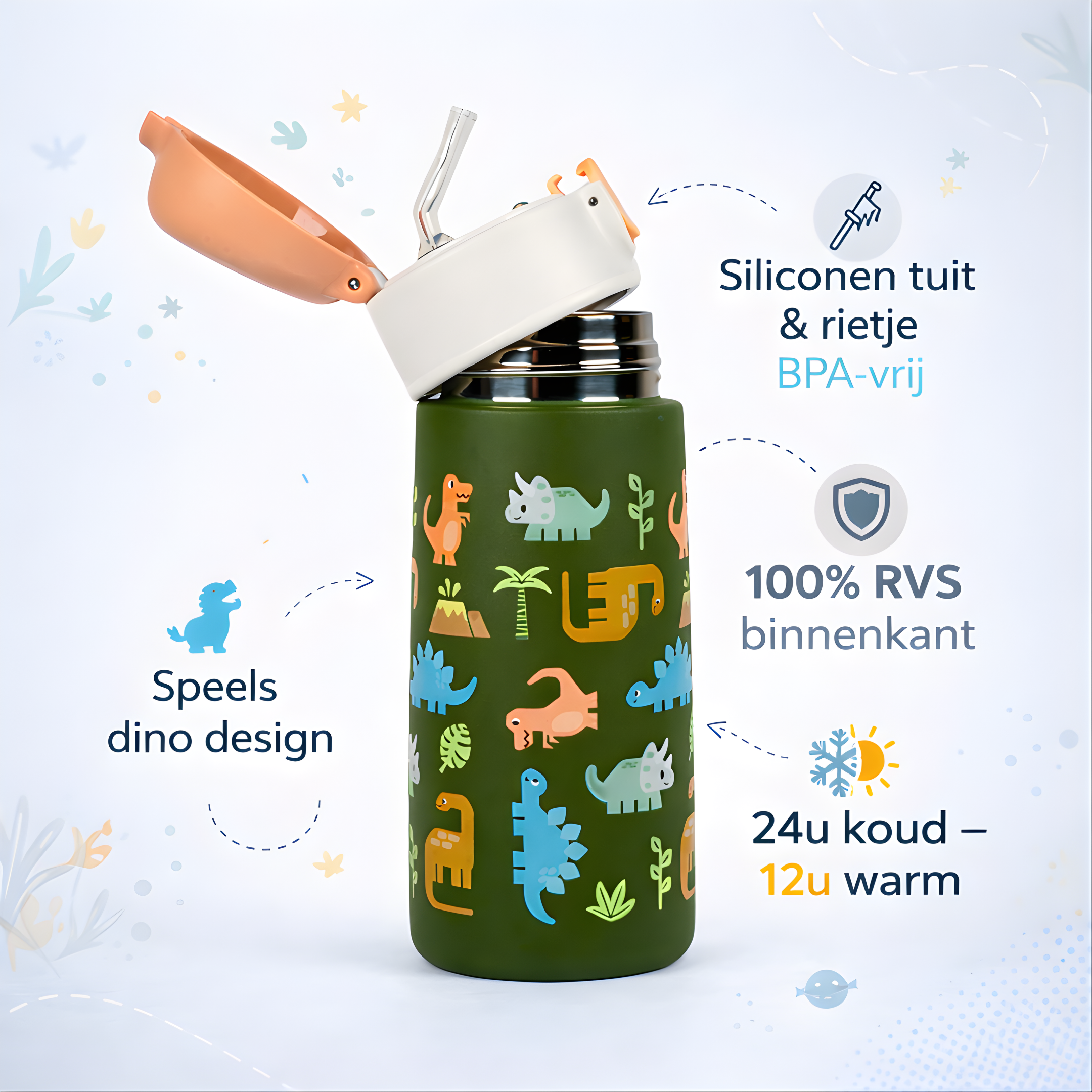 DinoSip - RVS Drinkfles voor kinderen met rietje